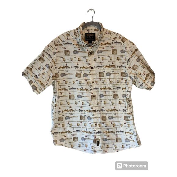 Woolrich 2XL Vintage Fishing Shirt All Over Print Tackle Fish - Button Down - Picture 1 of 3